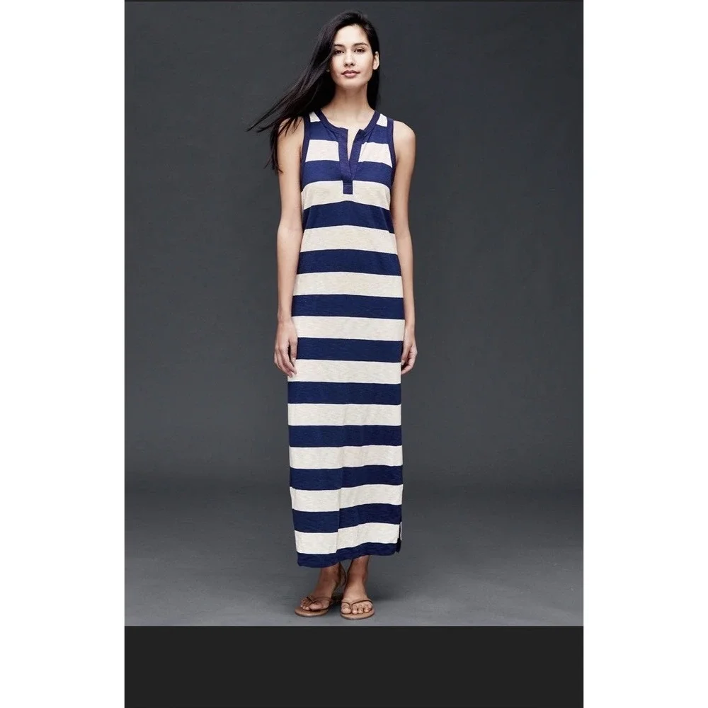 gap beach dress Gap Womens Slub Stripe Maxi Dress Sz L Preppy Nautical Beach‎ Fisherman  Coastal